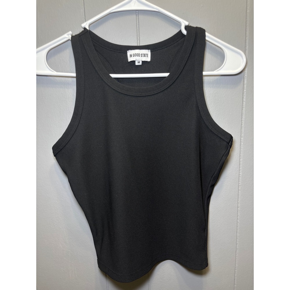 Black Ribbed Racerback Tank Top Medium Sleeveless Crew Neck Basic